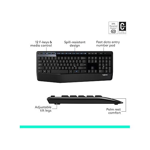 로지텍 Logitech MK345 Wireless Combo Full-Sized Keyboard with Palm Rest and Comfortable Right-Handed Mouse, 2.4 GHz Wireless USB Receiver, Compatible with PC, Laptop,Black
