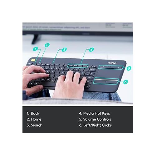 로지텍 Logitech K400 Plus Wireless Touch With Easy Media Control and Built-in Touchpad, HTPC Keyboard for PC-connected TV, Windows, Android, Chrome OS, Laptop, Tablet - Black