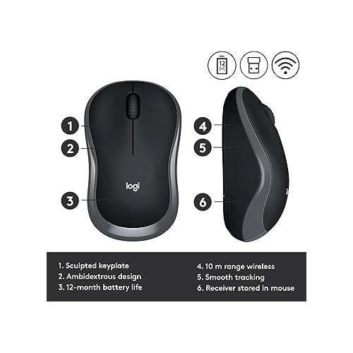 로지텍 Logitech M185 Wireless Mouse, 2.4GHz with USB Mini Receiver, 12-Month Battery Life, 1000 DPI Optical Tracking, Ambidextrous PC/Mac/Laptop - Swift Gray