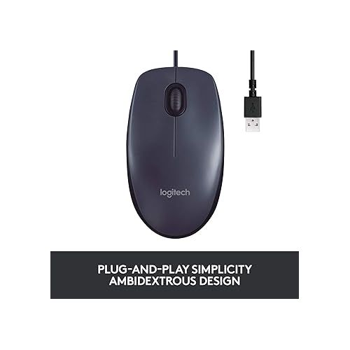 로지텍 Logitech B100 Corded Mouse, Wired USB Mouse for Computers and Laptops, Right or Left Hand Use - Black