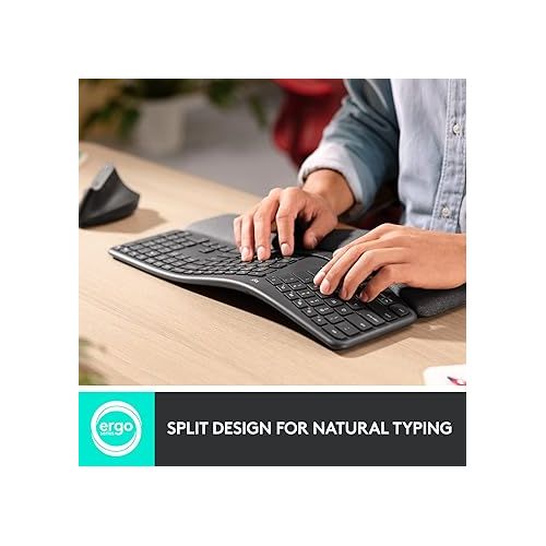 로지텍 Logitech ERGO K860 Wireless Ergonomic Qwerty Keyboard - Split Keyboard, Wrist Rest, Natural Typing, Stain-Resistant Fabric, Bluetooth and USB Connectivity, Compatible with Windows/Mac,Black