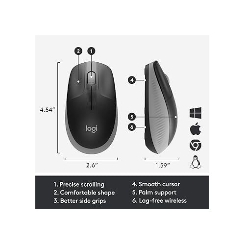 로지텍 Logitech Wireless Mouse M190 - Full Size Ambidextrous Curve Design, 18-Month Battery with Power Saving Mode, Precise Cursor Control & Scrolling, Wide Scroll Wheel, Thumb Grips - Mid Grey