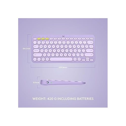 로지텍 Logitech K380 Multi-Device Bluetooth Wireless Keyboard for PC, Laptop, Windows, Mac, Chrome OS, Android, iPadOS, Apple TV - Lavender Lemonade (Renewed)