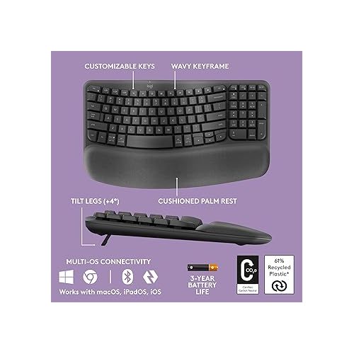 로지텍 Logitech Wave Keys MK670 Combo, Wireless Ergonomic Keyboard with Signature M550 L Wireless Mouse, Comfortable Natural Typing, Bluetooth, Logi Bolt, for Multi-OS, Windows/Mac - Graphite