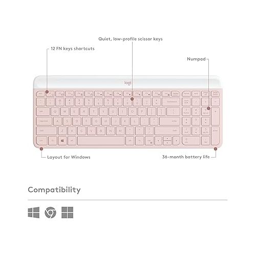 로지텍 Logitech MK470 Slim Wireless Keyboard and Mouse Combo - Modern Compact Layout, Ultra Quiet, 2.4 GHz USB Receiver, Plug n' Play Connectivity, Compatible with Windows - Rose (Renewed)