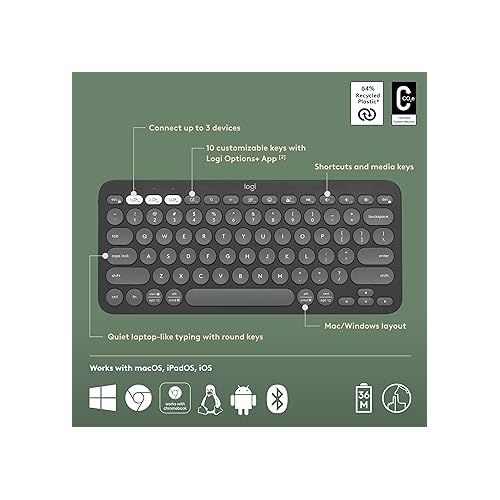 로지텍 Logitech Pebble Keys 2 K380s, Multi-Device Bluetooth Wireless Keyboard with Customizable Shortcuts, Slim and Portable, Easy-Switch for Windows, macOS, iPadOS, Android, Chrome OS - Tonal Graphite