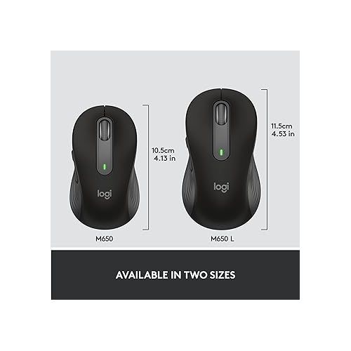 로지텍 Logitech Signature M650 L Full Size Wireless Mouse - for Large Sized Hands, 2-Year Battery, Silent Clicks, Customizable Side Buttons, Bluetooth, Multi-Device Compatibility - Black (Renewed)