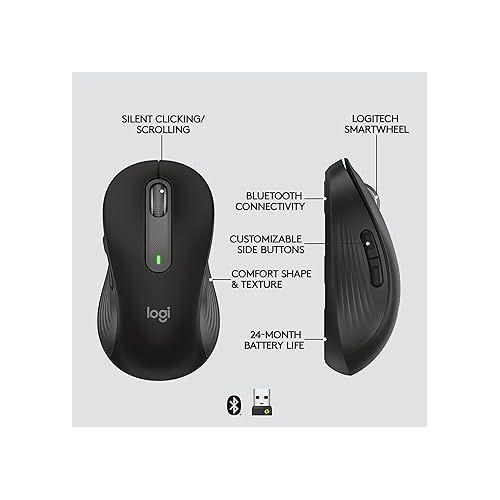 로지텍 Logitech Signature M650 L Full Size Wireless Mouse - for Large Sized Hands, 2-Year Battery, Silent Clicks, Customizable Side Buttons, Bluetooth, Multi-Device Compatibility - Black (Renewed)