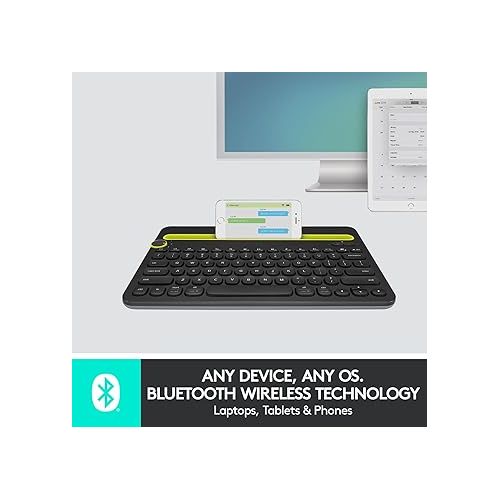 로지텍 Logitech K480 Wireless Multi-Device Keyboard for Windows, macOS, iPadOS, Android or Chrome OS, Bluetooth, Compact, Compatible with PC, Mac, Laptop, Smartphone, Tablet - Black