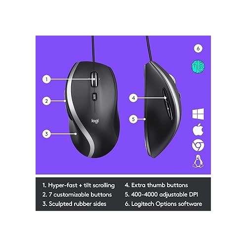 로지텍 Logitech M500s Advanced Corded Mouse with Advanced Hyper-fast Scrolling & Tilt, Customizable Buttons, High Precision Tracking with DPI Switch, USB plug & play,Graphite