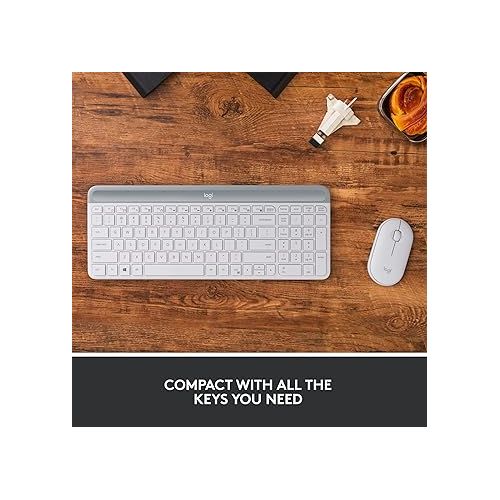 로지텍 Logitech MK470 Slim Wireless Keyboard and Mouse Combo - Modern Compact Layout, Ultra Quiet, 2.4 GHz USB Receiver, Plug n' Play Connectivity, Compatible with Windows - Off White