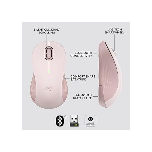 로지텍 Logitech Signature M550 Wireless Mouse - For Small to Medium Sized Hands, 2-Year Battery, Silent Clicks, Bluetooth, Multi-Device Compatibility - Rose