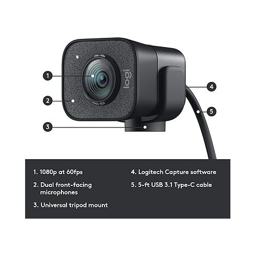 로지텍 Logitech StreamCam 1080P HD 60fps Streaming Webcam Full HD Camera with USB-C & Integrated Microphone for Live Streaming and Content Creation - Graphite - 960-001280 (Renewed)