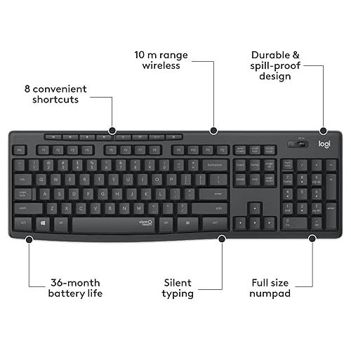 로지텍 Logitech MK295 Wireless Mouse & Keyboard Combo with SilentTouch Technology, Full Numpad, Advanced Optical Tracking, Lag-Free Wireless, 90% Less Noise - Graphite