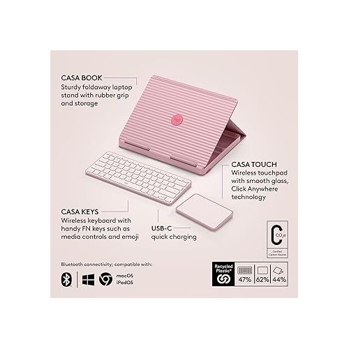 로지텍 Logitech Casa Pop Up Desk Work From Home Kit with Laptop Stand, Wireless Keyboard & Touchpad, Bluetooth, USB C Charging, for Laptop/MacBook (10” to 17”) - Windows, macOS, ChromeOS - Bohemian Blush