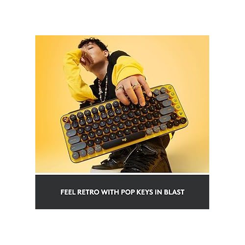 로지텍 Logitech POP Keys Mechanical Wireless Keyboard with Customizable Emoji , Durable Compact Design, Bluetooth or USB Connectivity, Multi-Device, OS Compatible - Blast Yellow