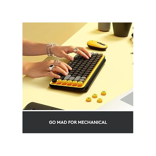 로지텍 Logitech POP Keys Mechanical Wireless Keyboard with Customizable Emoji , Durable Compact Design, Bluetooth or USB Connectivity, Multi-Device, OS Compatible - Blast Yellow