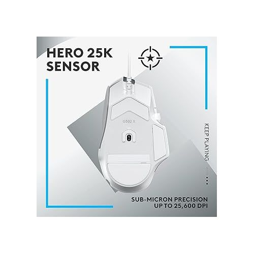 로지텍 Logitech G502 X Wired Gaming Mouse - LIGHTFORCE hybrid optical-mechanical primary switches, HERO 25K gaming sensor, compatible with PC - macOS/Windows - White (Renewed)