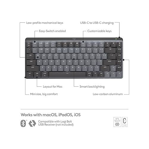 로지텍 Logitech MX Mechanical Mini Illuminated Keyboard, Low-Profile Switches, Tactile Quiet Keys, Bluetooth, USB-C, Apple, iPad Space Grey (Renewed)