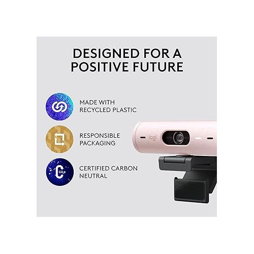 로지텍 Logitech Brio 500 Full HD Webcam with Auto Light Correction,Show Mode, Dual Noise Reduction Mics, Webcam Privacy Cover, Works with Microsoft Teams, Google Meet, Zoom, USB-C Cable - Rose