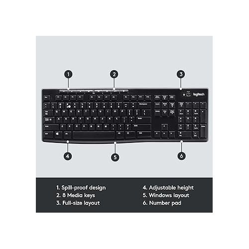 로지텍 Logitech K270 Wireless Keyboard for Windows, 2.4 GHz Wireless, Full-Size, Number Pad, 8 Multimedia Keys, 2-Year Battery Life, Compatible with PC, Laptop, Black