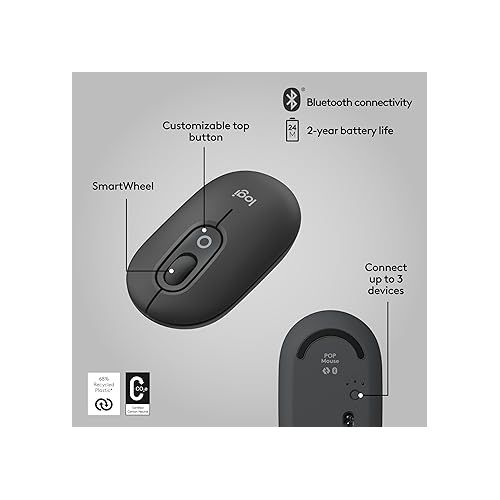 로지텍 Logitech POP Mouse, Wireless Mouse with Customizable Emojis, SilentTouch Technology, Precision/Speed Scroll, Compact Design, Bluetooth, Multi-Device, OS Compatible - Graphite