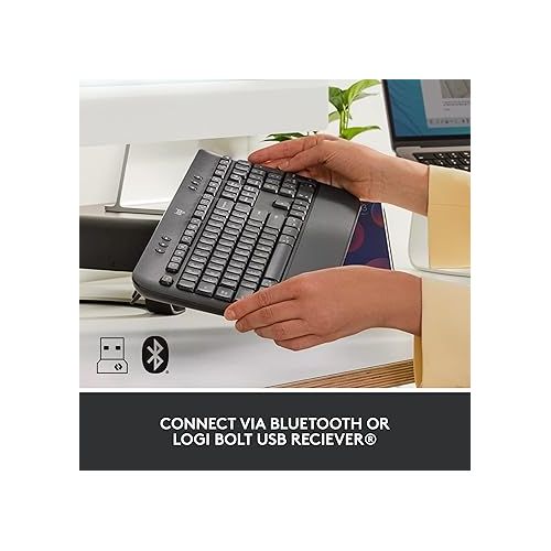 로지텍 Logitech Signature K650 Comfort Full-Size Wireless Keyboard with Wrist Rest, BLE Bluetooth or Logi Bolt USB Receiver, Deep-Cushioned Keys, Numpad, Compatible with Most OS/PC/Window/Mac - Graphite