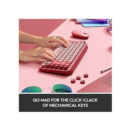 로지텍 Logitech POP Keys Mechanical Wireless Keyboard with Customizable Emoji Keys, Durable Compact Design, Bluetooth or USB Connectivity, Multi-Device, OS Compatible - Heartbreaker Rose (Renewed)