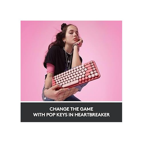 로지텍 Logitech POP Keys Mechanical Wireless Keyboard with Customizable Emoji Keys, Durable Compact Design, Bluetooth or USB Connectivity, Multi-Device, OS Compatible - Heartbreaker Rose (Renewed)