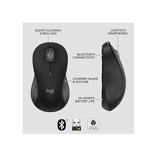 로지텍 Logitech Signature M550 L Full Size Wireless Mouse - for Large Sized Hands, 2-Year Battery, Silent Clicks, Bluetooth, Multi-Device Compatibility - Black