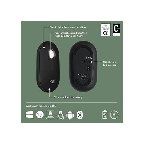 로지텍 Logitech Pebble Mouse 2 M350s Slim Bluetooth Wireless Mouse, Portable, Lightweight, Customizable Button, Quiet Clicks, Easy-Switch for Windows, macOS, iPadOS, Android, Chrome OS - Black