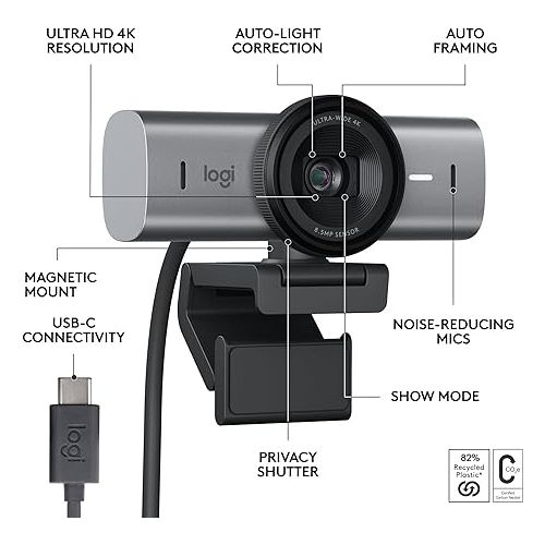 로지텍 Logitech MX Brio Ultra HD 4K Streaming Webcam, 1080p at 60 FPS, USB-C, Webcam Cover, Works with Microsoft Teams, Zoom, Google Meet - Graphite - With Free Adobe Creative Cloud Subscription