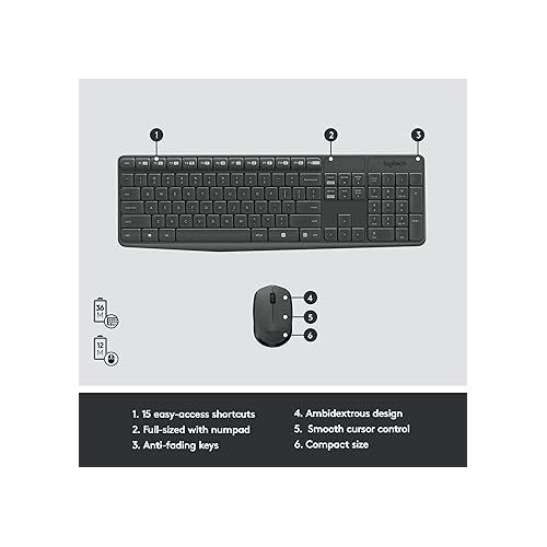 로지텍 Logitech MK235 Wireless Keyboard and Mouse Combo for Windows, USB Receiver, 15 FN Keys, Long Battery Life, Compatible with PC, Laptop