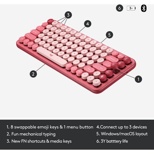 로지텍 Logitech POP Keys Wireless Bluetooth Mechanical Keyboard (Heartbreaker Rose)