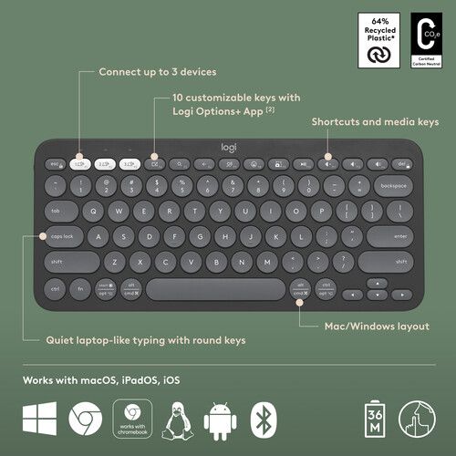 로지텍 Logitech Pebble Keys 2 K380S Wireless Keyboard (Tonal Graphite)