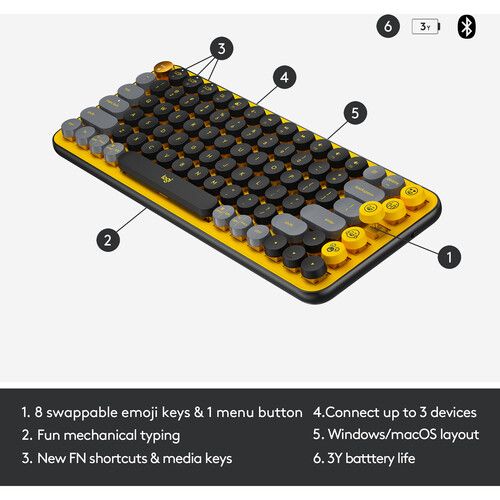 로지텍 Logitech POP Keys Wireless Bluetooth Mechanical Keyboard (Blast Yellow)