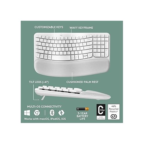 로지텍 Logitech Wave Keys Wireless Ergonomic Keyboard with Cushioned Palm Rest, Comfortable Natural Typing, Easy-Switch, Bluetooth, Logi Bolt Receiver, for Multi-OS, Windows/Mac - Off White