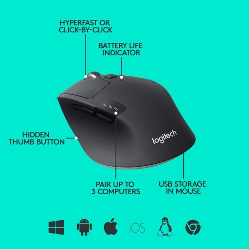 로지텍 Logitech M720 Triathalon Multi-Device Wireless Mouse  Easily Move Text, Images and Files Between 3 Windows and Apple Mac Computers Paired with Bluetooth or USB, Hyper-Fast Scrolli