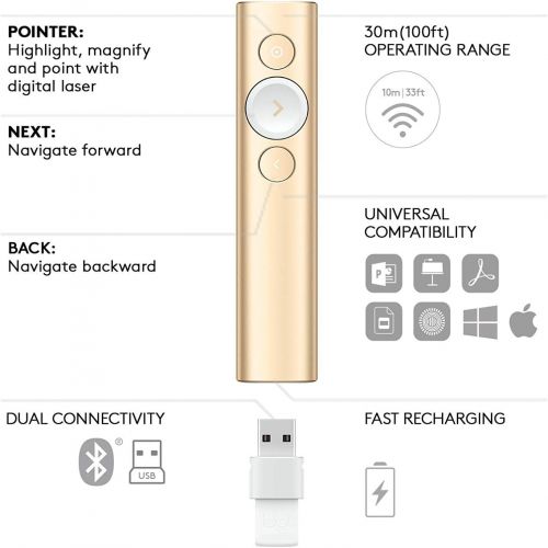 로지텍 Logitech Spotlight Presentation Remote - Advanced Digital Highlighting with Bluetooth, Universal Presenter Clicker, 30M Range and Quick Charging  Gold