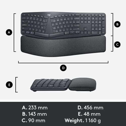 로지텍 Logitech Ergo K860 Wireless Ergonomic Keyboard with Wrist Rest - Split Keyboard Layout for Windows/Mac, Bluetooth or USB Connectivity