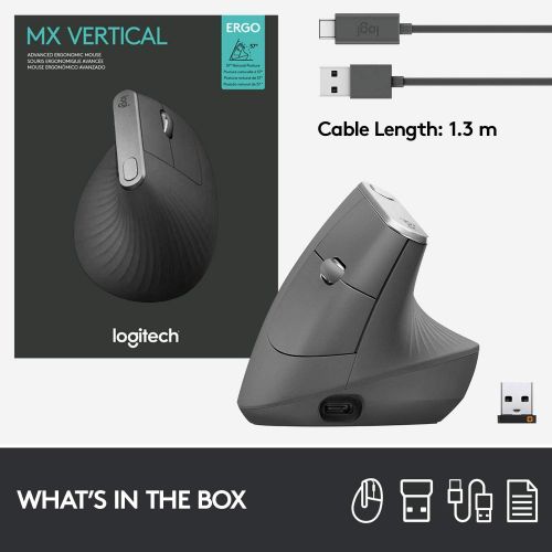 로지텍 Logitech MX Vertical Wireless Mouse  Advanced Ergonomic Design Reduces Muscle Strain, control and Move Content Between 3 Windows and Apple Computers (Bluetooth or USB), Rechargeab