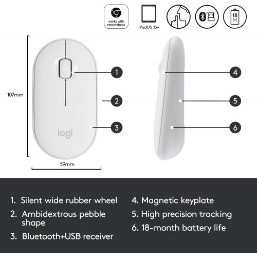 로지텍 Logitech Pebble M350 Wireless Mouse with Bluetooth or USB - Silent, Slim Computer Mouse with Quiet Click for Laptop, Notebook, PC and Mac - Off White