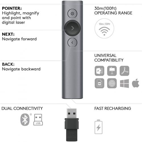 로지텍 (Discontinued) Logitech Spotlight Presentation Remote - Advanced Digital Highlighting with Bluetooth, Universal Compatibility, 30M Range and Quick Charging  Slate