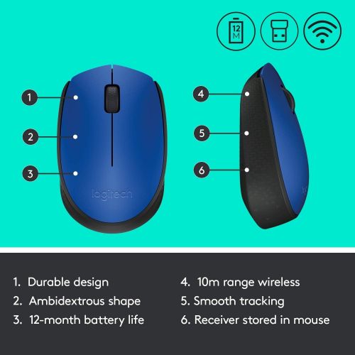 로지텍 Logitech M171 RF Wireless+USB Optical 1000DPI Ambidextrous Black,Blue mice