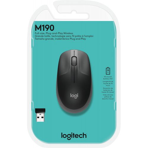 로지텍 Logitech Wireless Mouse M190 - Full Size Ambidextrous Curve Design, 18-Month Battery with Power Saving Mode, Precise Cursor Control & Scrolling, Wide Scroll Wheel, Thumb Grips - Mi
