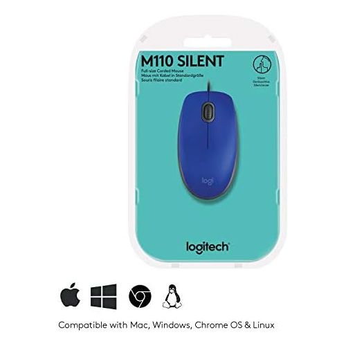로지텍 Logitech M110 Wired USB Mouse, Silent Buttons, Comfortable Full-Size Use Design, Ambidextrous PC / Mac / Laptop - Blue
