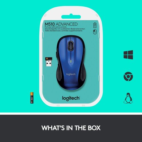 로지텍 Logitech M510 Wireless Computer Mouse ? Comfortable Shape with USB Unifying Receiver, with Back/Forward Buttons and Side-to-Side Scrolling, Blue