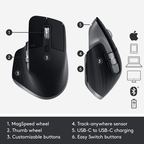 로지텍 Logitech MX Master 3 Advanced Wireless Mouse for Mac, Ultrafast Scrolling, Use on Any Surface, Ergonomic, 4000 DPI, Customization, USB-C, Bluetooth, USB, Apple Mac - Space Grey