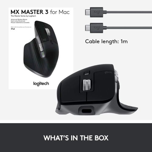 로지텍 Logitech MX Master 3 Advanced Wireless Mouse for Mac, Ultrafast Scrolling, Use on Any Surface, Ergonomic, 4000 DPI, Customization, USB-C, Bluetooth, USB, Apple Mac - Space Grey