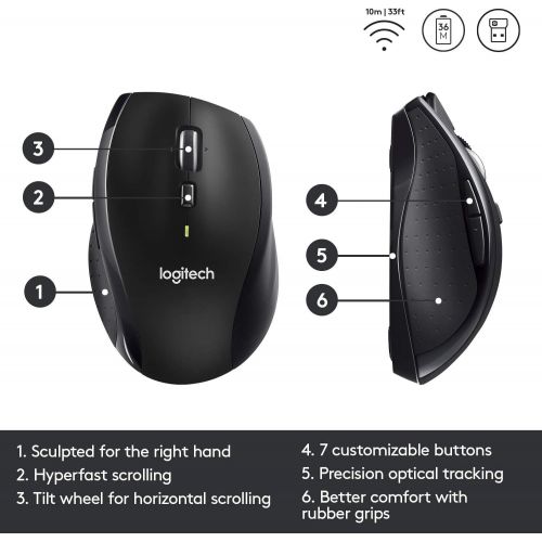 로지텍 Logitech M705 Marathon Wireless Mouse, 2.4 GHz USB Unifying Receiver, 1000 DPI, 5-Programmable Buttons, 3-Year Battery, Compatible with PC, Mac, Laptop, Chromebook - Black